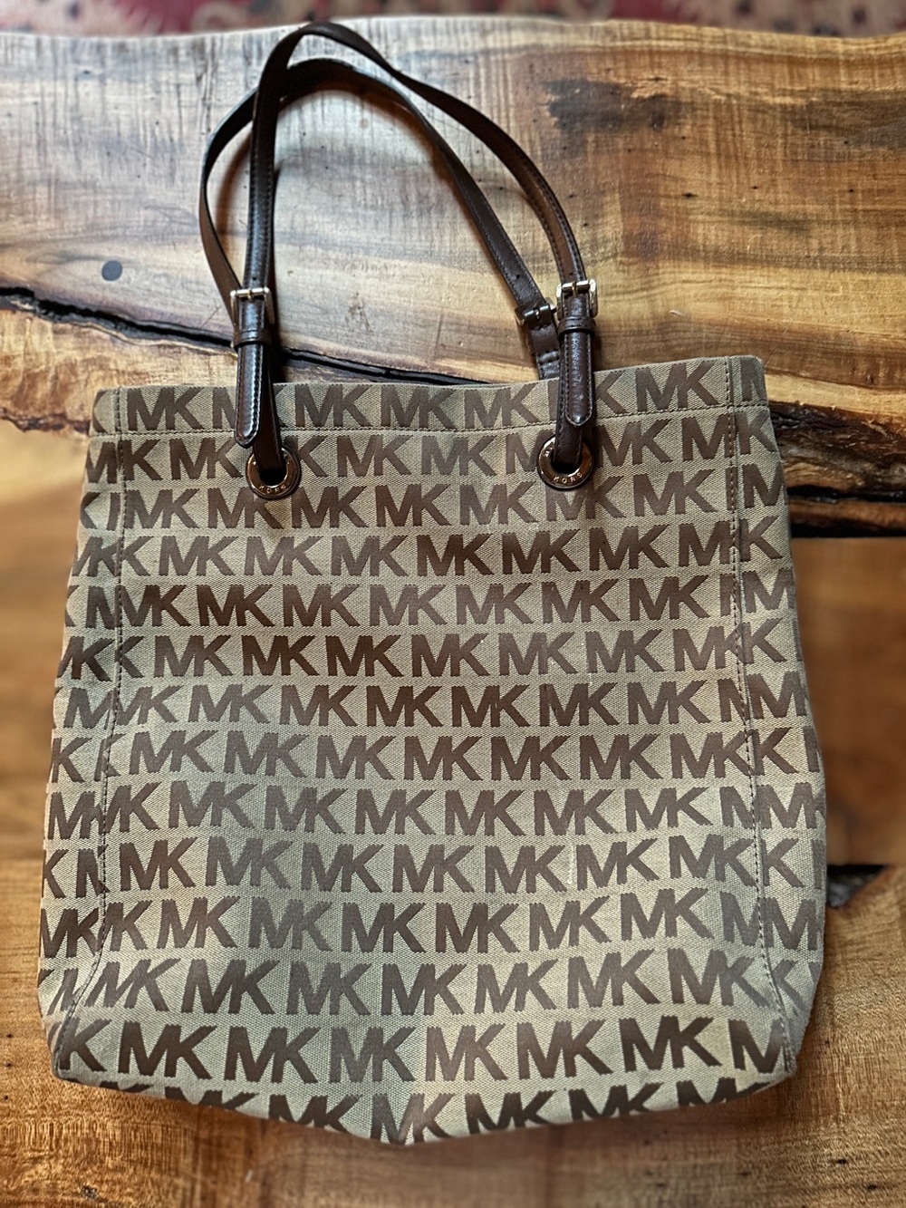 Michael Kors Brown MK Logo Canvas Tote with Dark Brown Handles